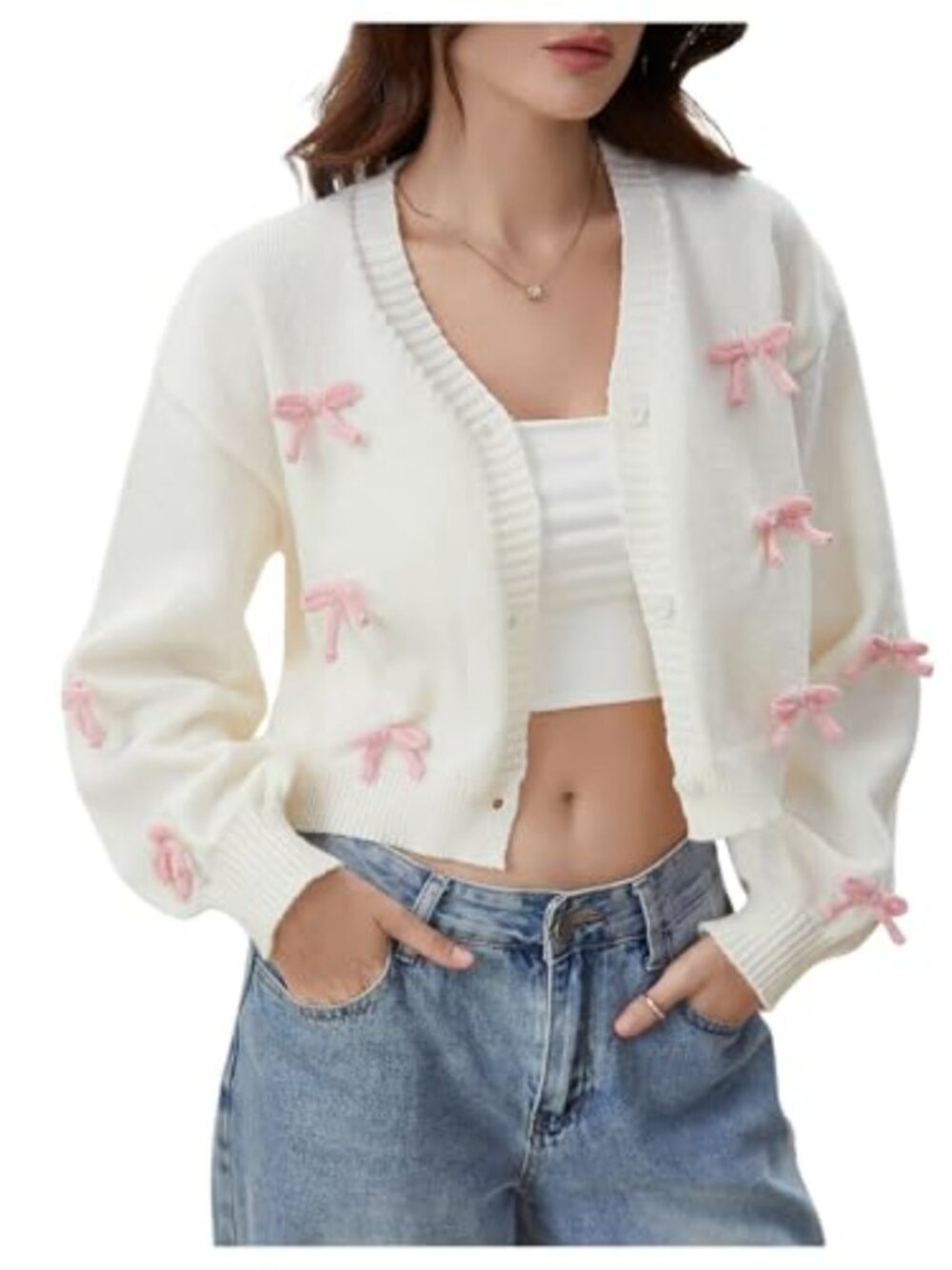 Cropped Bow Cardigan V-Neck Lightweight Knit Button Down